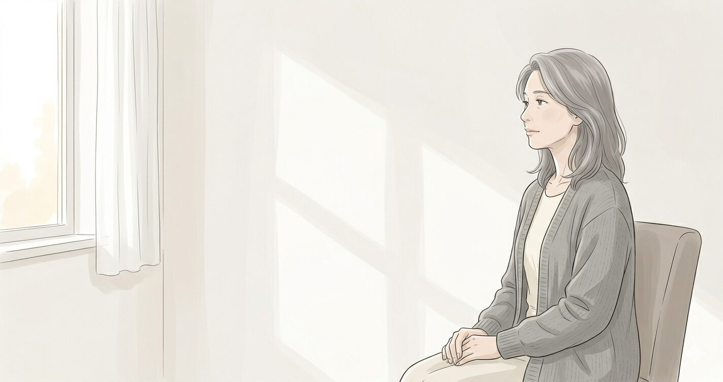 椅子に腰掛け、窓の外を静かに見つめる43歳女性のイラスト。やわらかな光が差し込む白い部屋で、心が少し整理されつつあるような、ニュートラルで落ち着いた表情。グレーのカーディガンを羽織り、未来の選択や人生の再構築を象徴する、左側に広い余白を取ったミニマルな構図。
