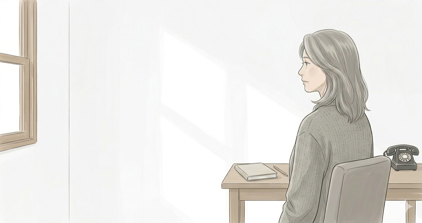 デスクの前に座り、左側の窓の外を静かに見つめる36歳女性のイラスト。デスクの上には黒い固定電話と一冊のノートが置かれ、やわらかな光が差し込む白い部屋で、心が少し整理されつつあるような、ニュートラルで落ち着いた表情。グレーのカーディガンを羽織り、これまでの画像と完全に調和する、白・ベージュ・薄グレーを基調としたミニマルな構図。
