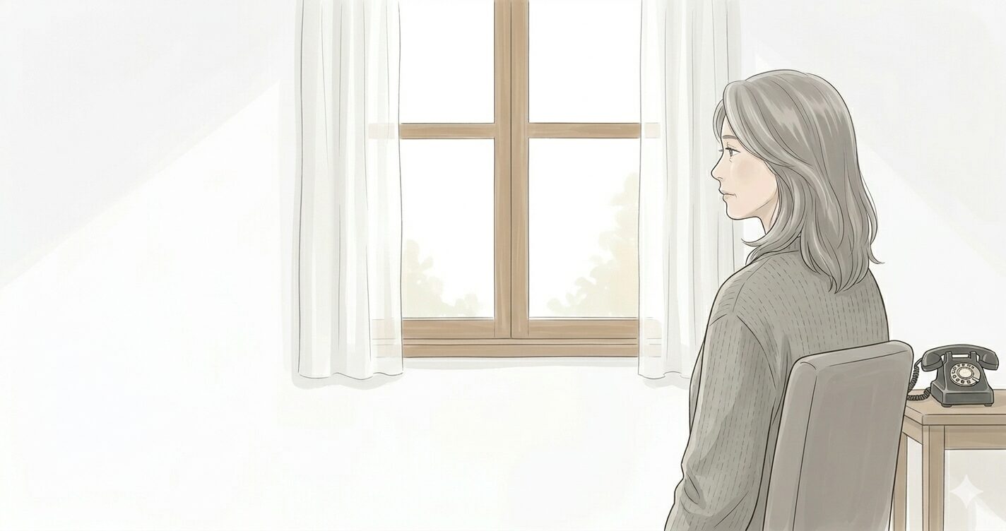 椅子に腰掛け、正面の窓の外を静かに見つめる39歳女性のイラスト。右側のデスクには黒い固定電話が置かれ、やわらかな光が差し込む白い部屋で、心が少し整理されつつあるような、ニュートラルで落ち着いた表情。グレーのカーディガンを羽織り、これまでの画像と完全に調和する、白・ベージュ・薄グレーを基調としたミニマルな構図。
