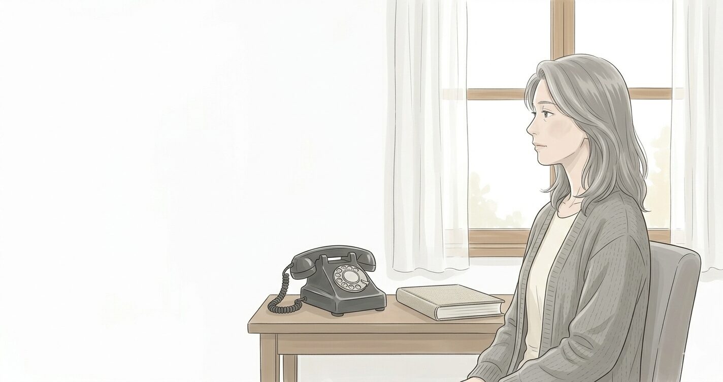 木のデスクの前に座り、窓の外を静かに見つめる44歳女性のイラスト。デスクの上には黒い固定電話と一冊のノートが置かれ、やわらかな光が差し込む白い部屋で、心が少し整理されつつあるような、ニュートラルで落ち着いた表情。グレーのカーディガンを羽織り、これまでの画像と完全に調和する、白・ベージュ・薄グレーを基調としたミニマルな構図。