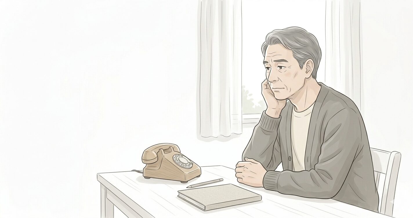 白背景（#FFFFFF）の清潔な部屋で、デスクに座り頬に手を添えて考える56歳男性のイラスト。視線は斜め下の固定電話に向けられ、深刻すぎないが思索にふけるニュートラルな表情。これまでの画像と調和するベージュのセーターを着用し、彩度を抑えたやさしいセミリアルタッチのミニマルな構図（1200×630px）。文字・ロゴ・装飾は入っていません。