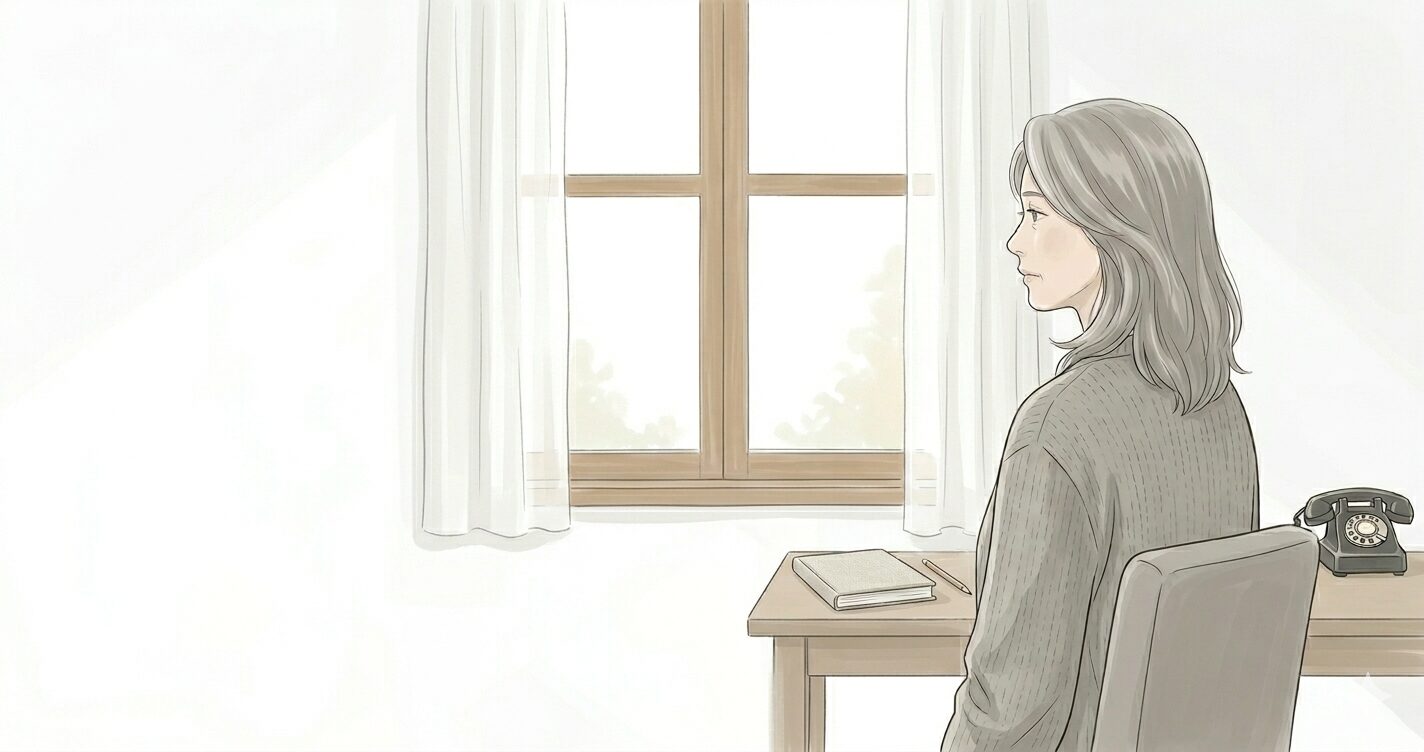 椅子に腰掛け、正面の窓の外を静かに見つめる61歳女性のイラスト。右側のデスクには黒い固定電話が置かれ、やわらかな光が差し込む白い部屋で、心が少し整理されつつあるような、ニュートラルで落ち着いた表情。グレーのカーディガンを羽織り、これまでの画像と完全に調和する、白・ベージュ・薄グレーを基調としたミニマルな構図。