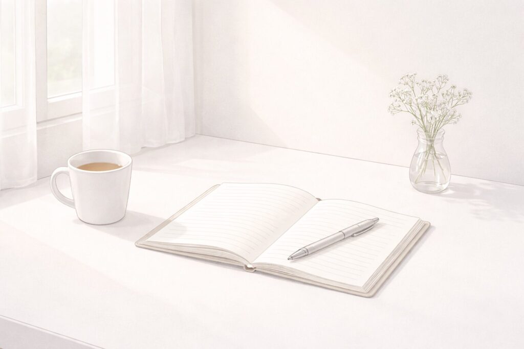 白い机の上にノートとペンが置かれ、窓から柔らかな光が差し込む静かな情景のイラスト
