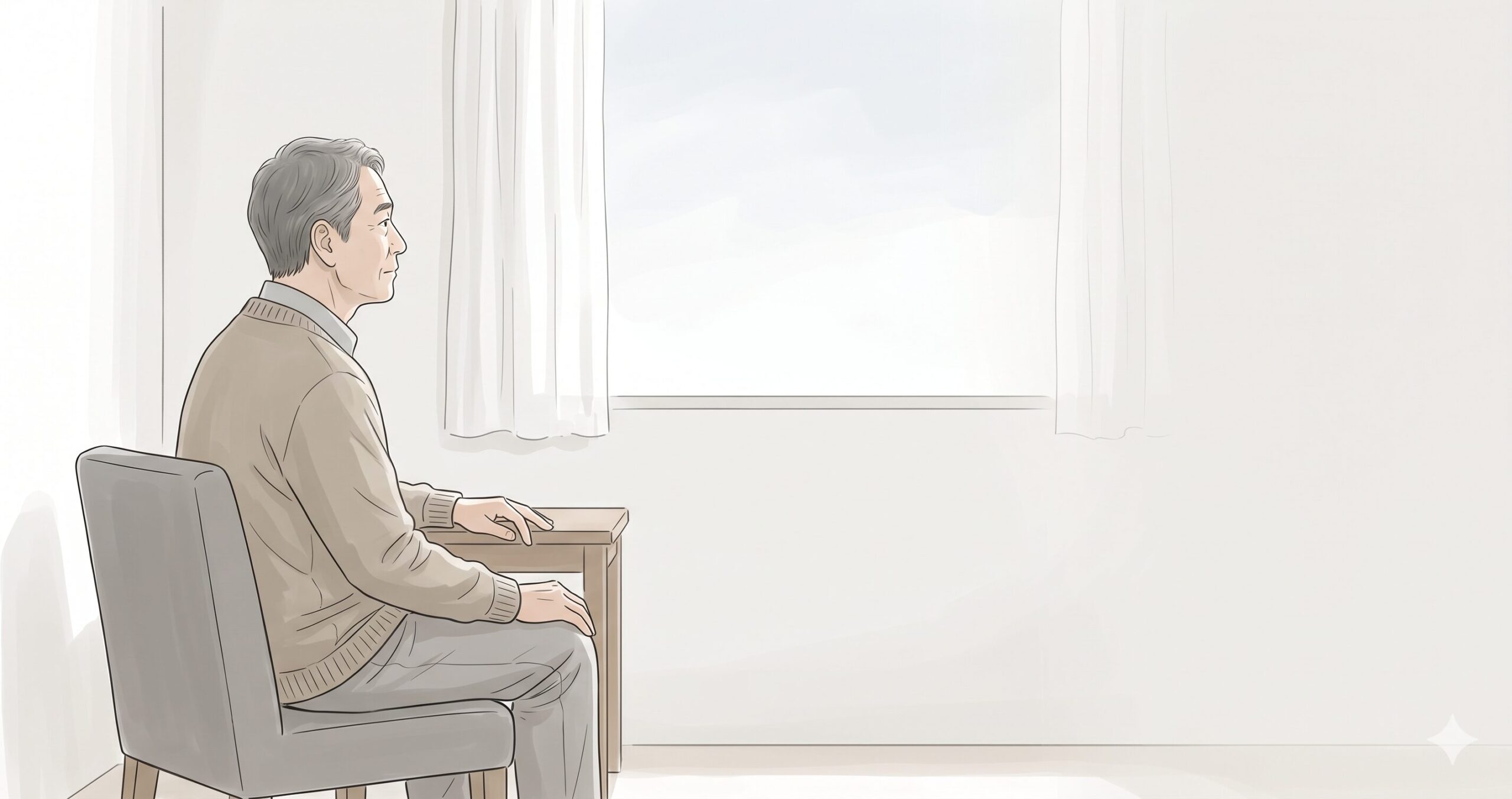 椅子に腰掛け、窓の外を静かに見つめる60代後半の男性のイラスト。柔らかな光が差し込む白い部屋で、考えを巡らせているようなニュートラルで落ち着いた表情。ベージュのセーターを着用し、人生の選択や心の整理を象徴する、余白を広く取ったミニマルな構図。