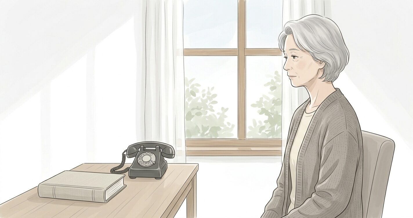やわらかな光が差し込む窓辺に座り、遠くを見つめる高齢女性のイラスト。グレーのカーディガンを羽織り、人生の選択や心の整理を象徴する、静けさと余韻を感じるミニマルな構図（1200×630px）。文字・ロゴ・装飾は入っていません。