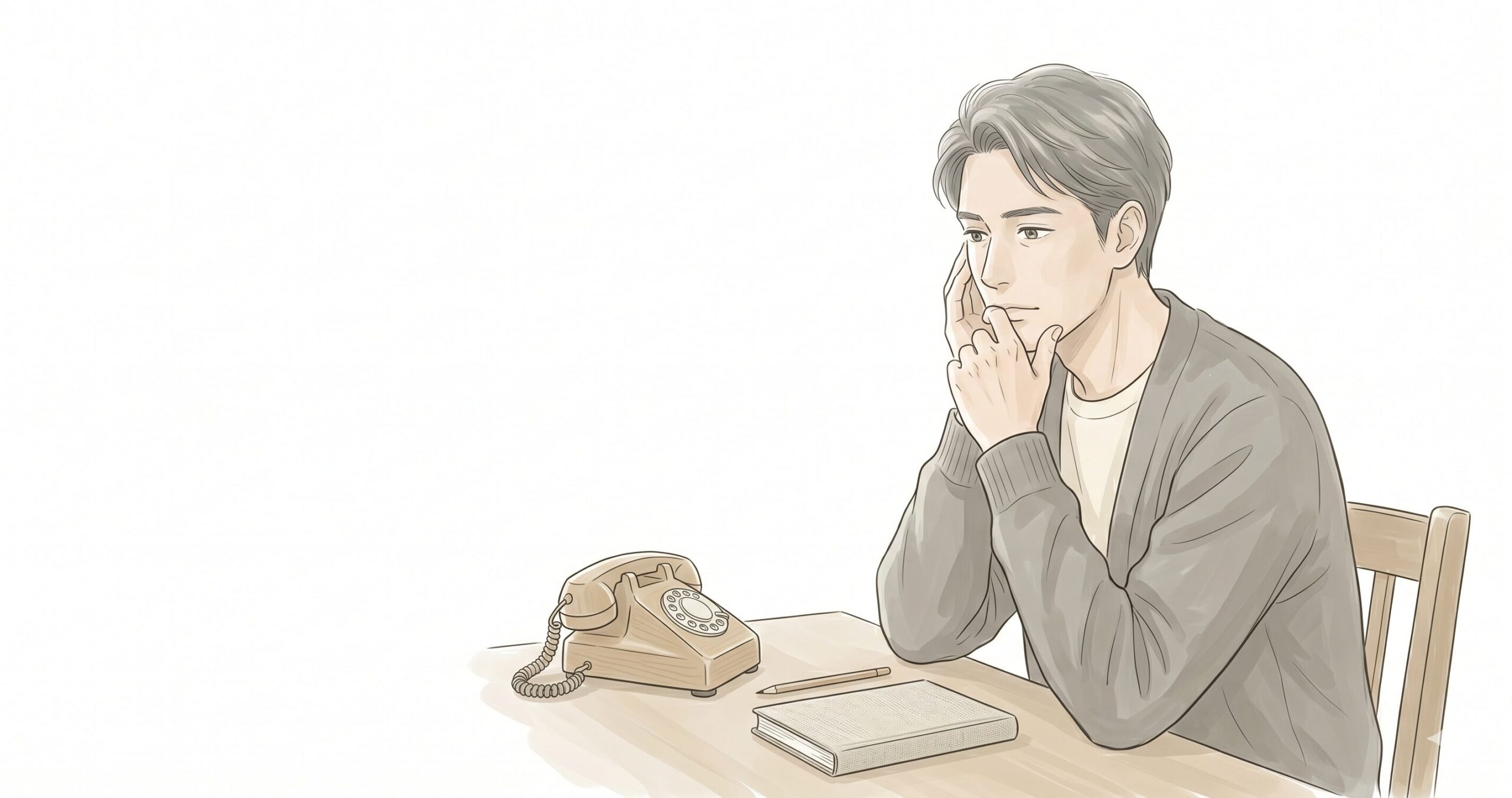 白背景（#FFFFFF）の清潔な部屋で、デスクに座り頬に手を添えて考える40歳男性のイラスト。視線は斜め下の固定電話に向けられ、深刻すぎないが思索にふけるニュートラルな表情。これまでの画像と調和するベージュのセーターを着用し、彩度を抑えたやさしいセミリアルタッチのミニマルな構図（1200×630px）。文字・ロゴ・装飾は入っていません。