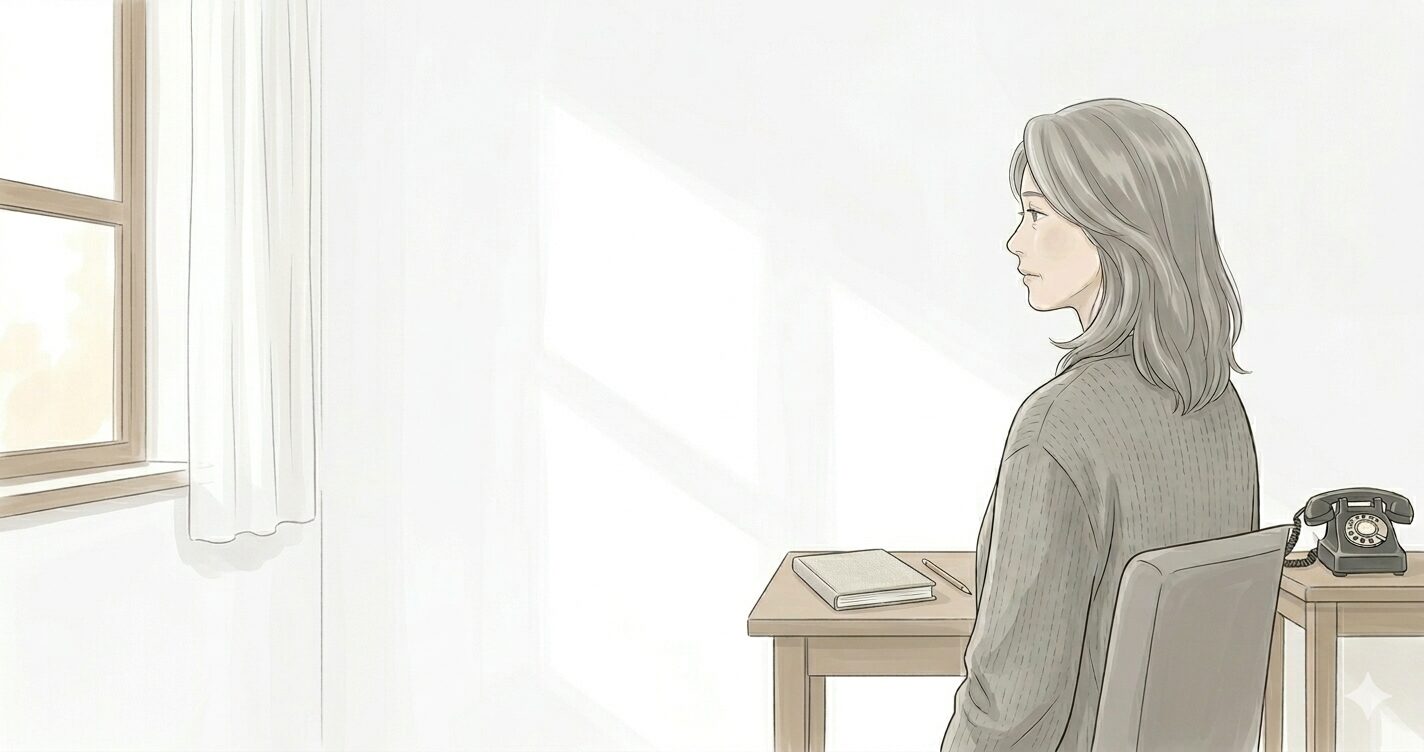 白背景に、傍らに固定電話を置いて窓辺を見つめる29歳女性のイラスト。低彩度のベージュと薄グレーを基調とし、静けさと葛藤の余韻を感じさせるミニマルな構図（1200×630px）。文字・ロゴ・装飾は入っていません。