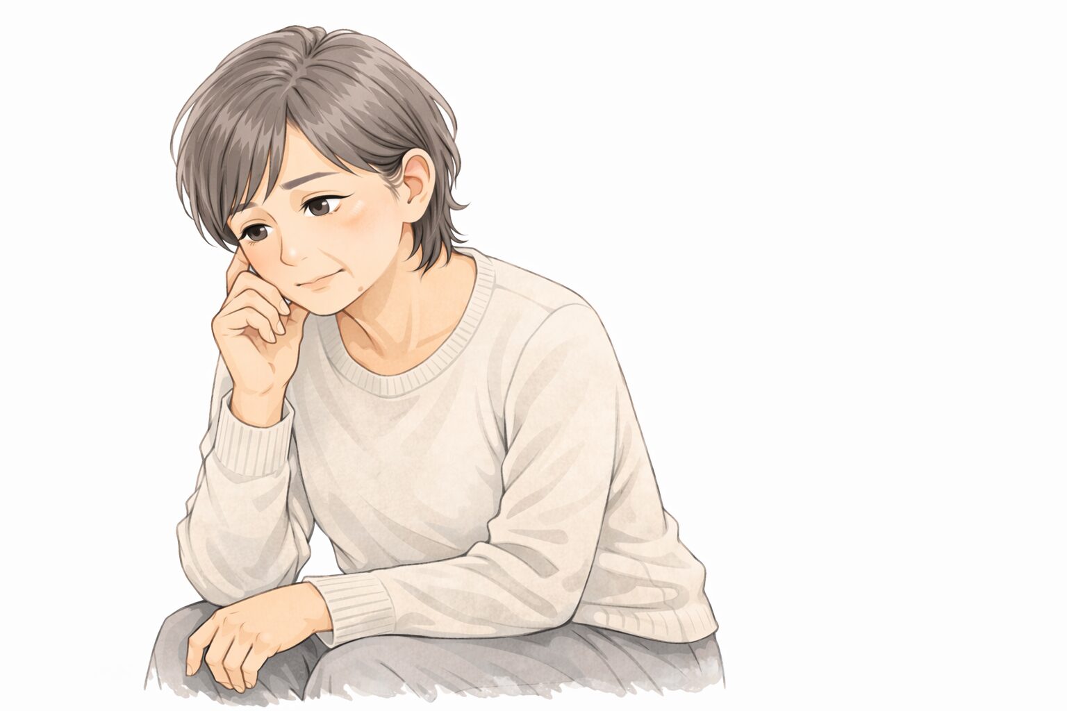境界知能の娘との関係に悩み、静かに考え込む60代女性のイラスト