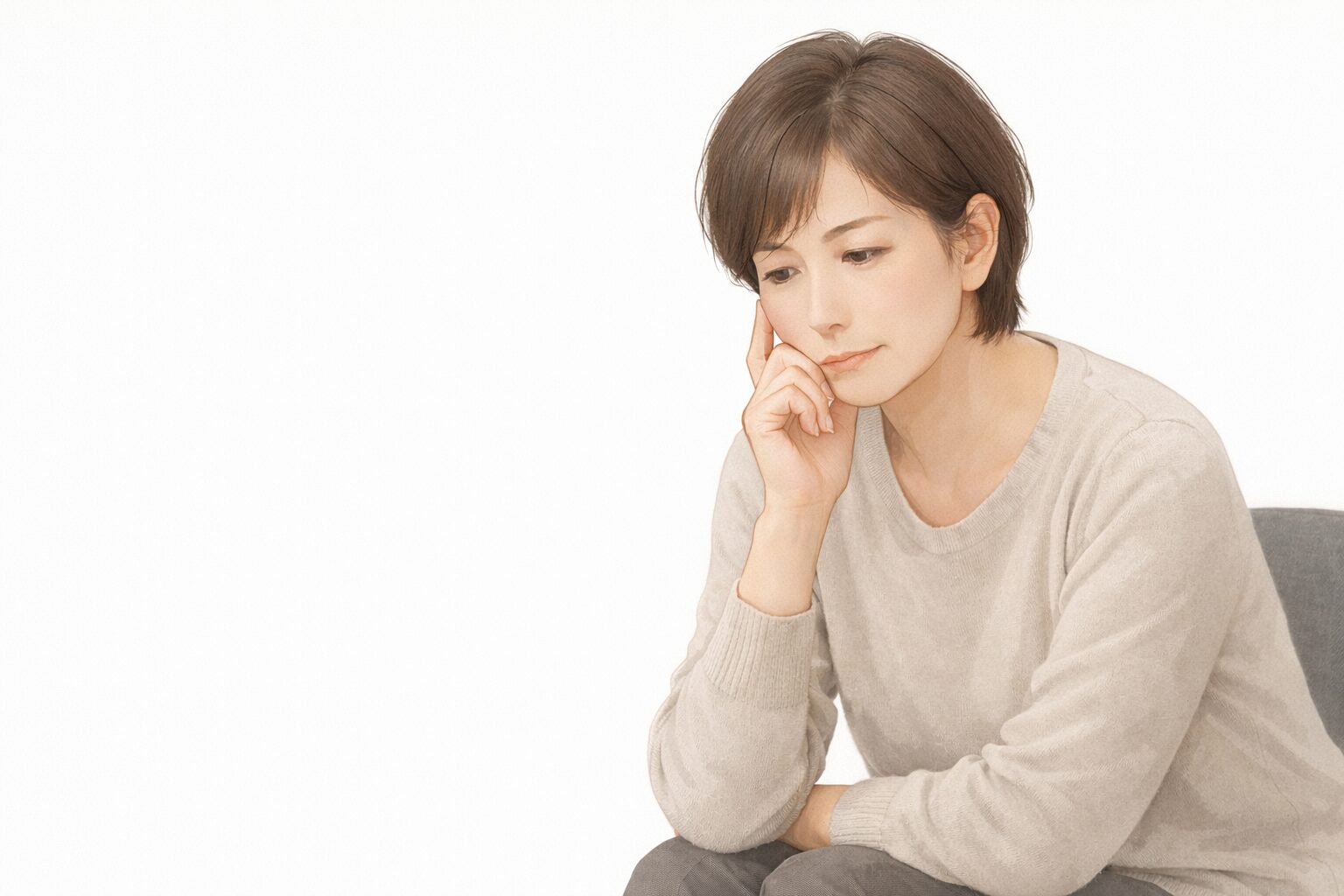 白背景の中で、頬に指を添えながら静かに考えごとをしている50代女性のセミリアルなイラスト