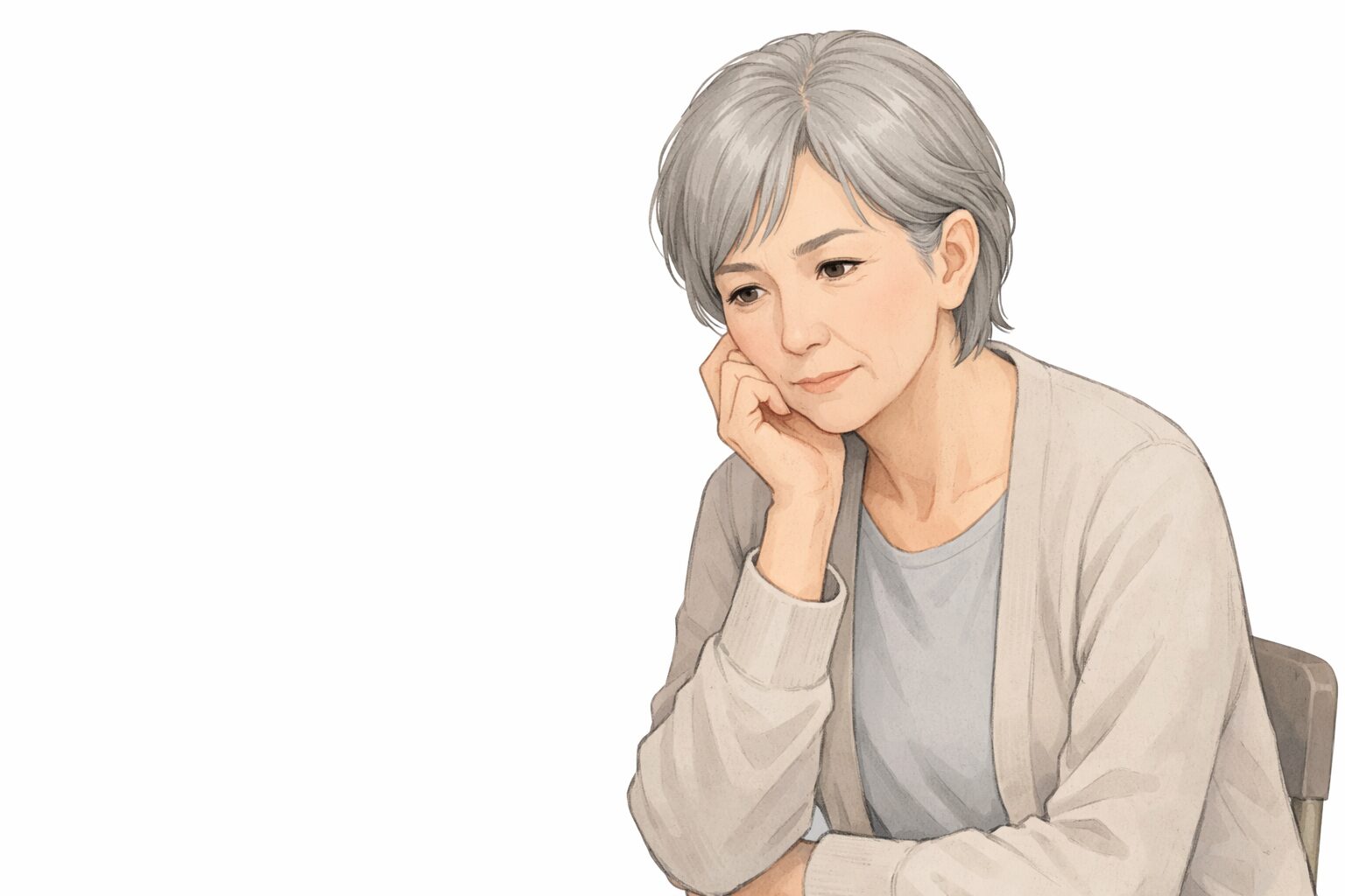 白背景で椅子に座り、頬に指を添えて静かに考え込む60代女性のセミリアルなイラスト