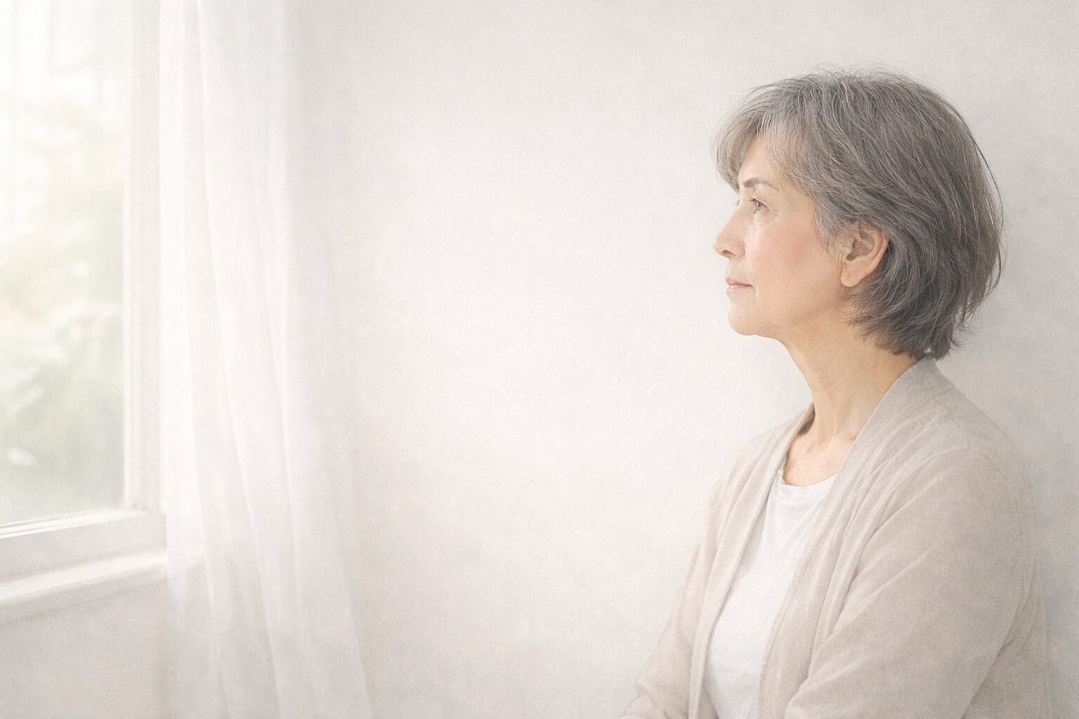窓辺のやわらかな光の中で、静かに遠くを見つめる60代女性の横顔イラスト