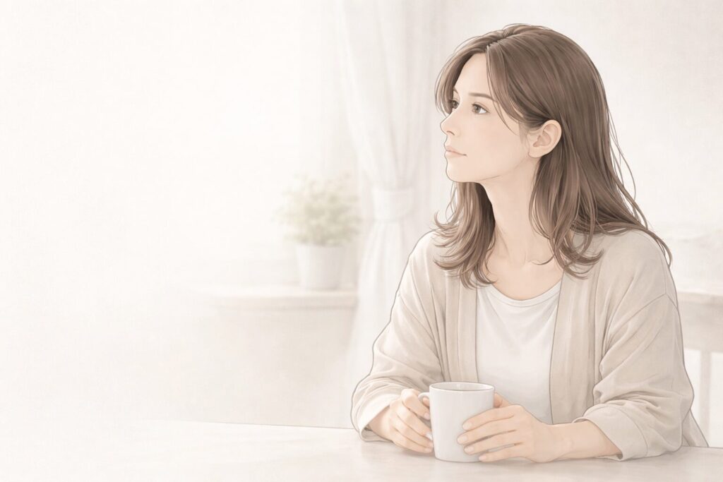 白を基調とした空間で、考えが少し整理されつつある30代女性が静かに遠くを見つめている落ち着いたイラスト