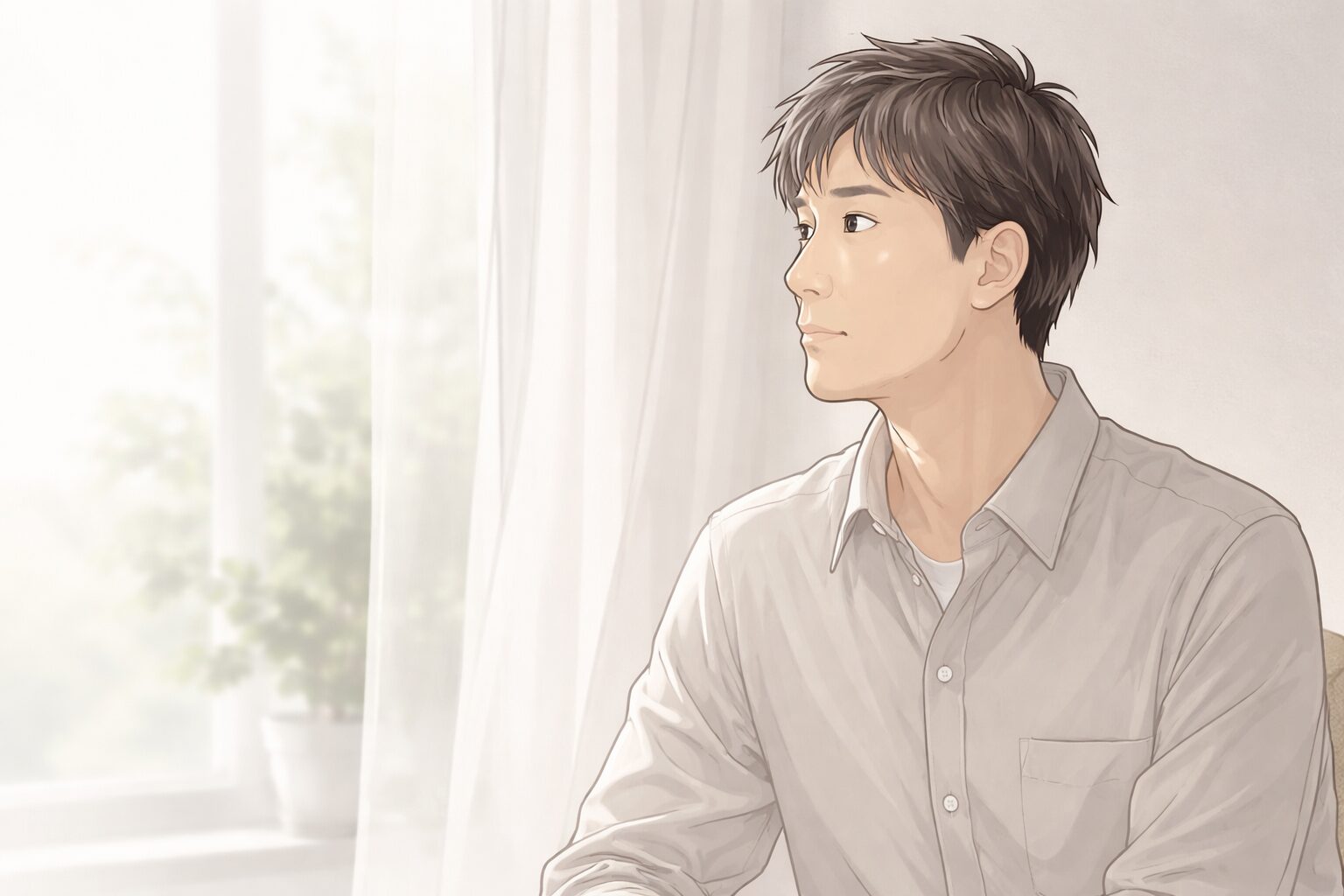 妻の行動に悩みながらも気持ちを整理し、静かに窓の外を見つめる40代男性のイメージイラスト