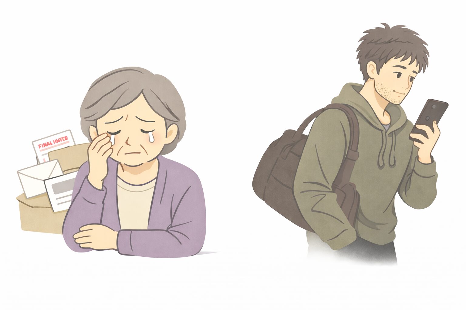 甥が住民票を移したことで督促状に悩み不安な表情を浮かべる高齢女性のイラスト