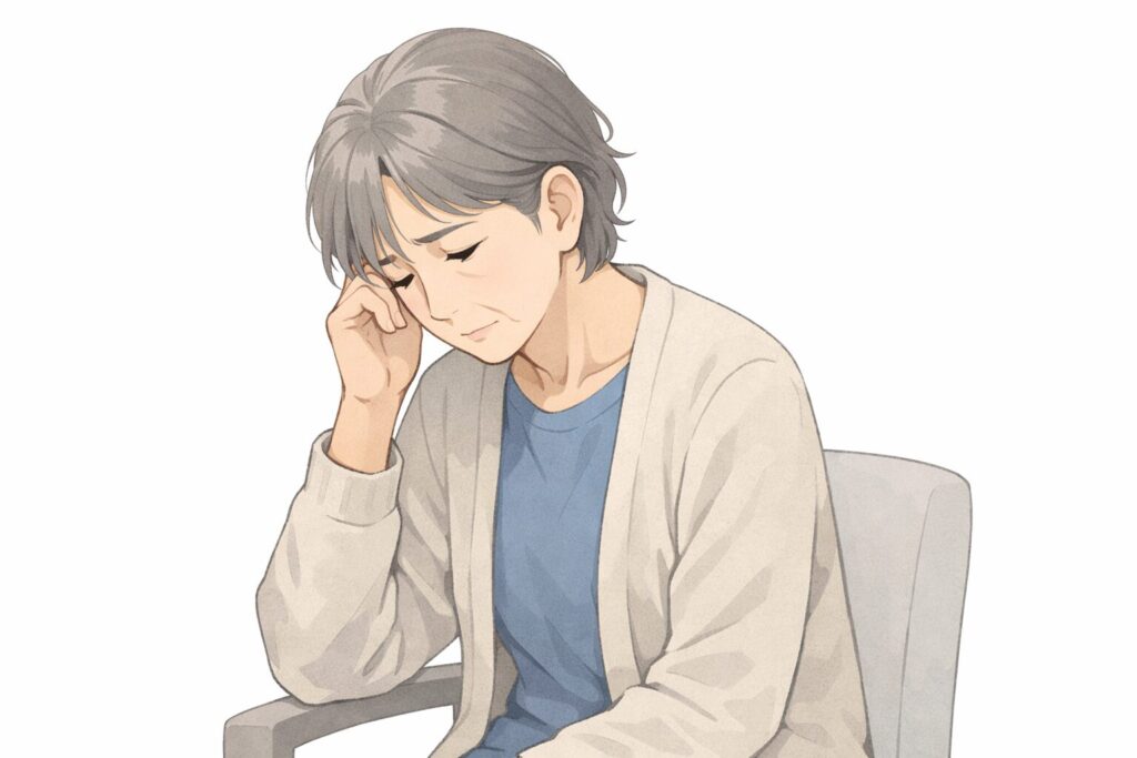 亭主関白の夫のもとで生きてきた母が、燃え尽きた長女の将来を案じ静かに考え込む様子