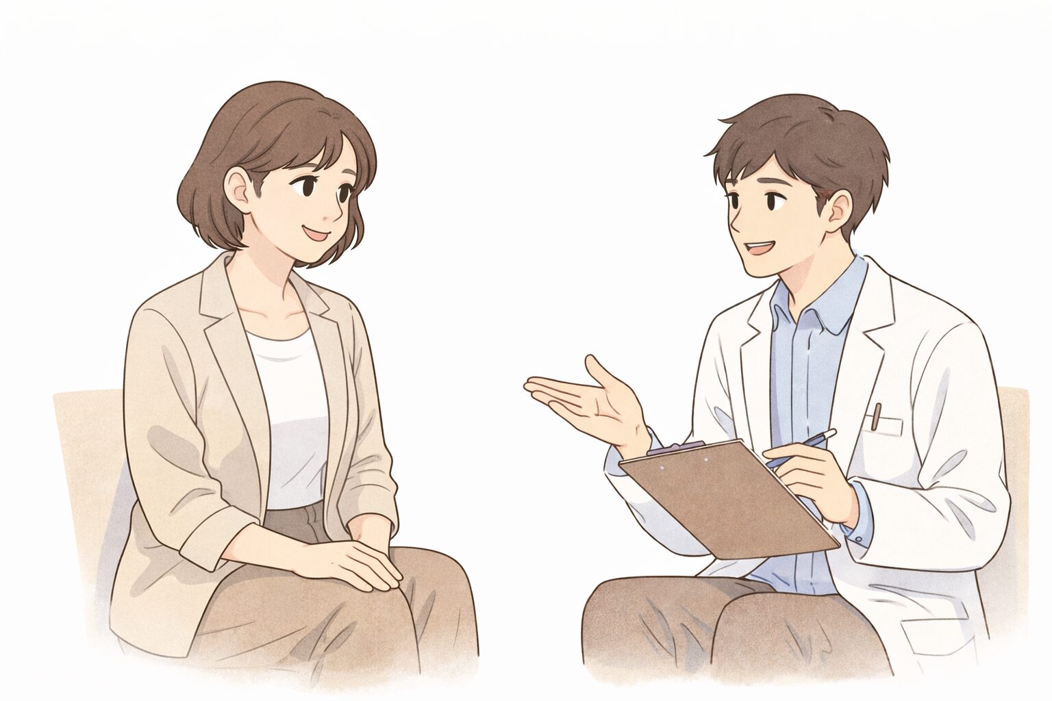 前向きに相談先を探す40代女性を描いたフラットイラスト