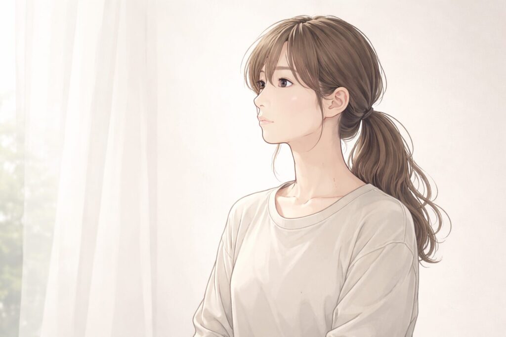 子育てと仕事の間で気持ちを整理しながら、静かに遠くを見つめる30代女性の横顔イラスト