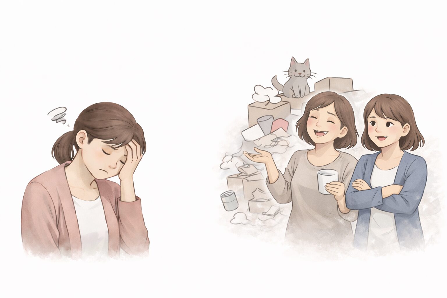 同居した母娘に家を荒らされ悩む53歳女性と、気にも留めない65歳女性と34歳女性を描いた相談イメージイラスト