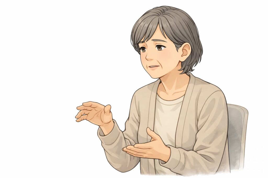 相談者の悩みに寄り添いながら、大原敬子氏が静かに助言と解説を行う様子を描いたイラスト