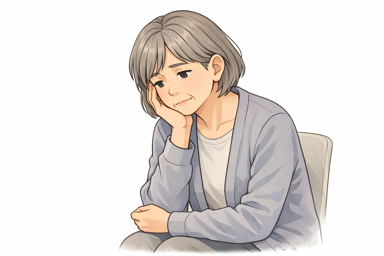職場での人間関係に悩み、椅子に座って静かに考え込む60代女性のイラスト