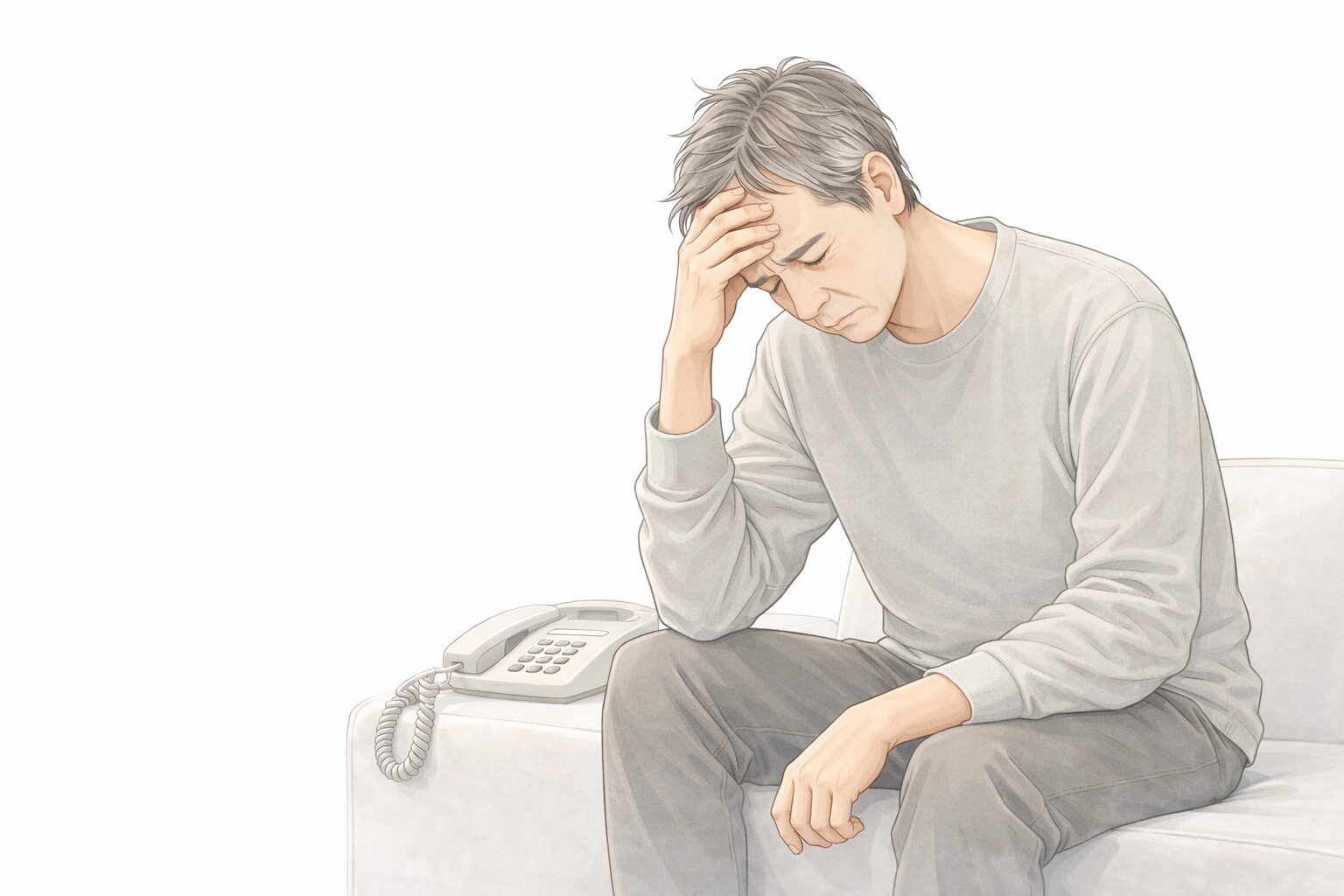 63歳の男性が電話相談後に一人で座り込み、無力感と迷いを抱えて静かに考え込んでいる様子