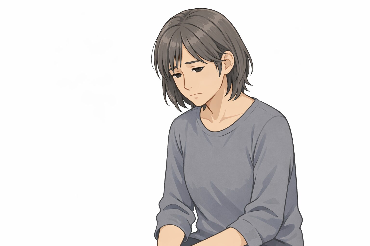 職場での解雇に困惑し、静かに考え込む50代女性のイラスト