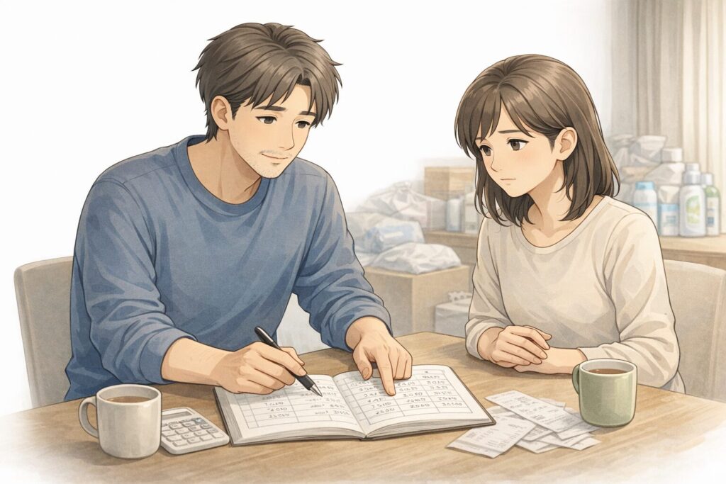 家計と在庫を前に、責め合わず静かに話し合う夫婦のイメージイラスト