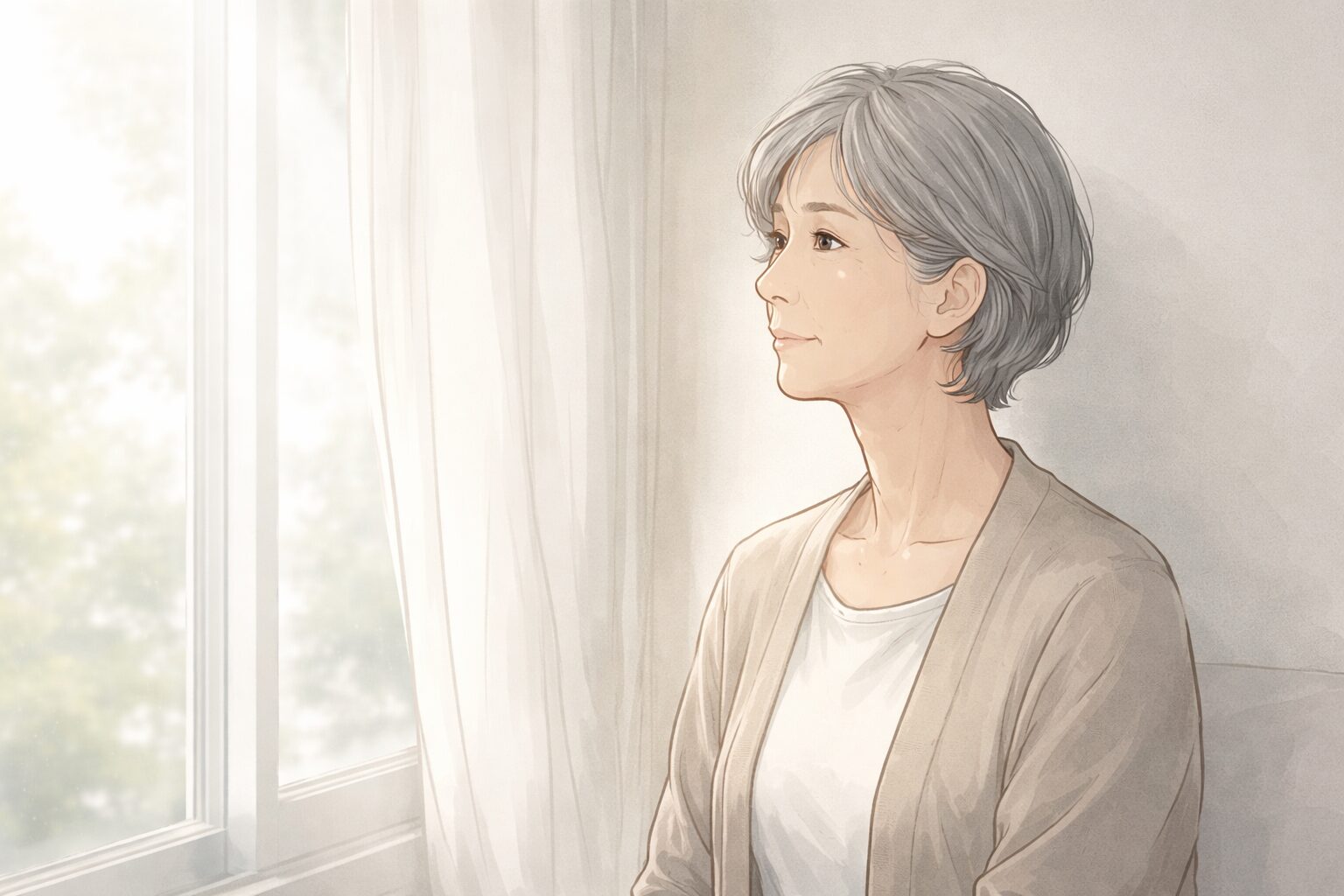 窓の外を静かに見つめながら、介護とこれからの人生について思考を整理しつつある60代女性の落ち着いた表情のイラスト