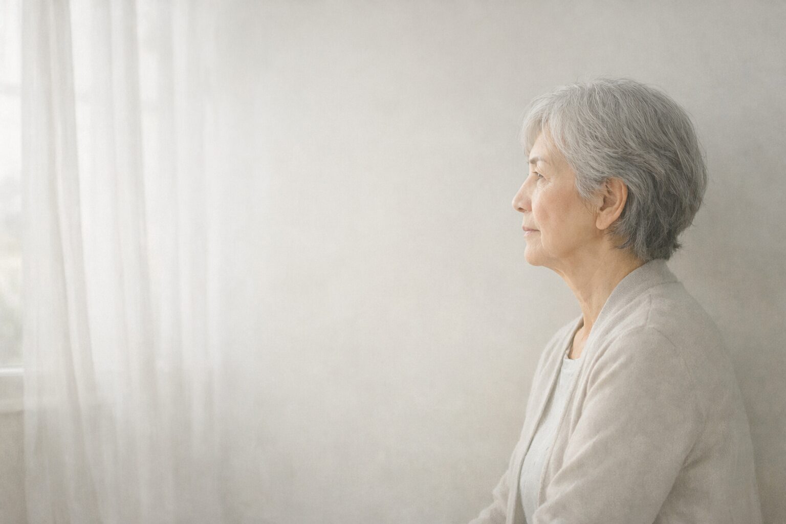 窓辺の柔らかな光を受けながら、静かに遠くを見つめる70代女性の横顔イラスト