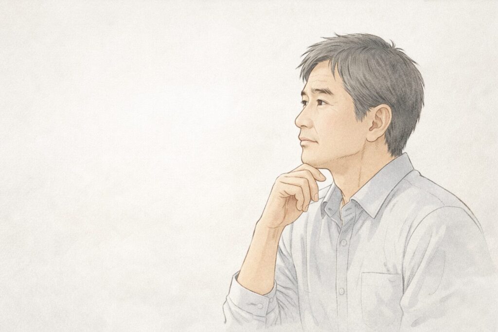 考えを静かに整理しながら遠くを見つめる50代男性のイラスト