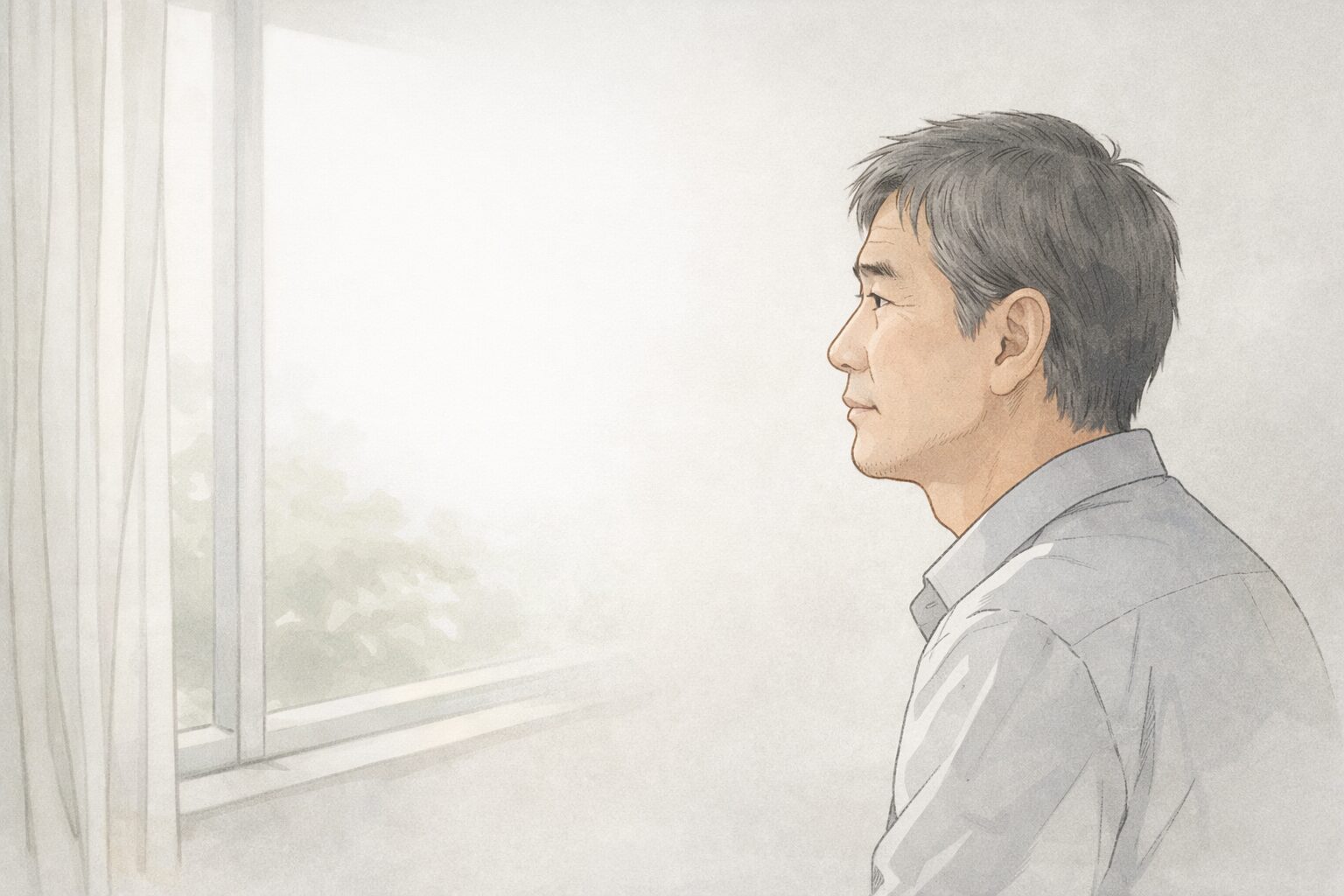 窓の外を静かに見つめながら考えを整理する50代男性の横顔のイラスト