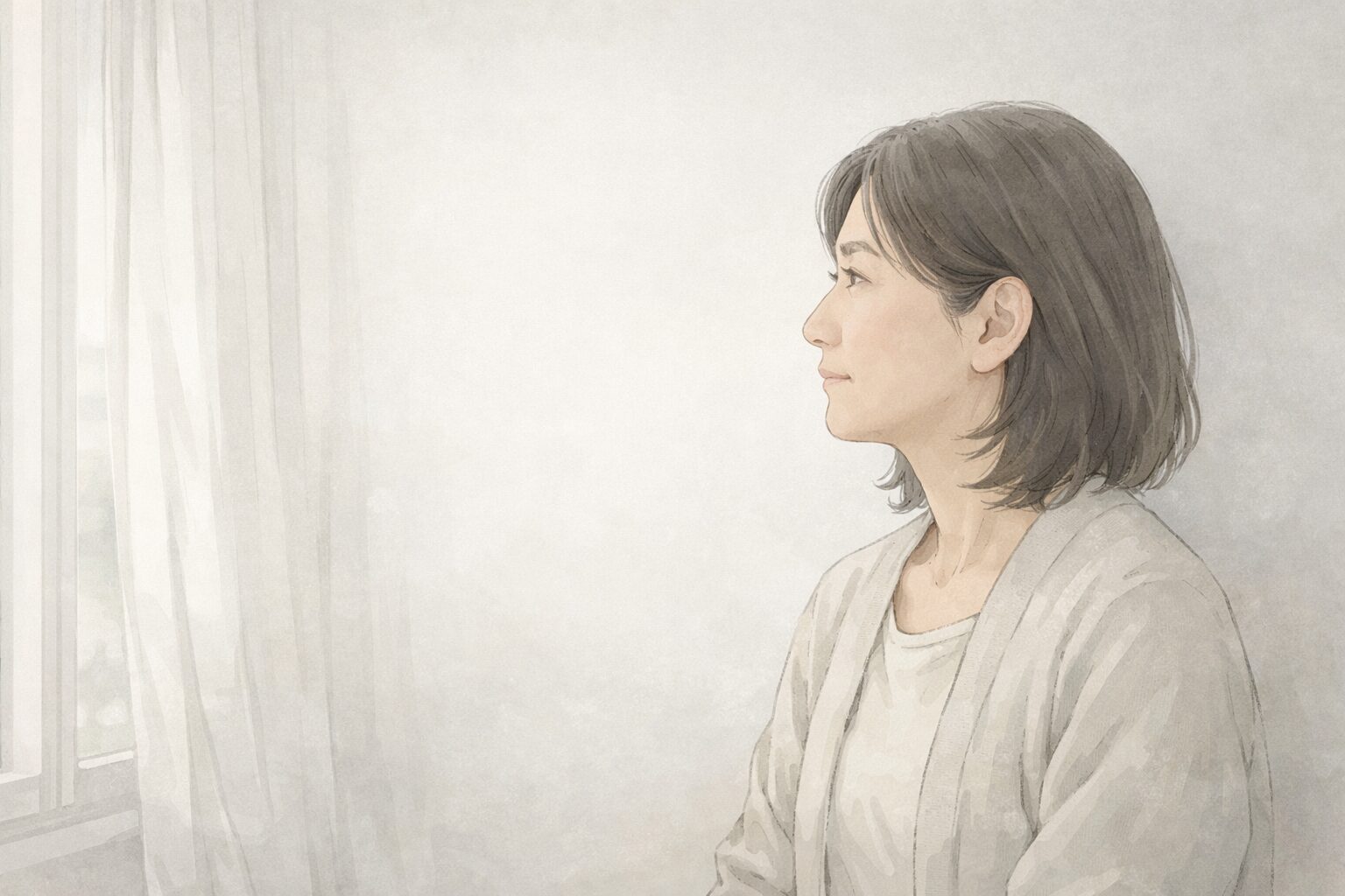高齢の母との関係に悩みながらも、気持ちを整理し始めた50代後半女性の静かな横顔