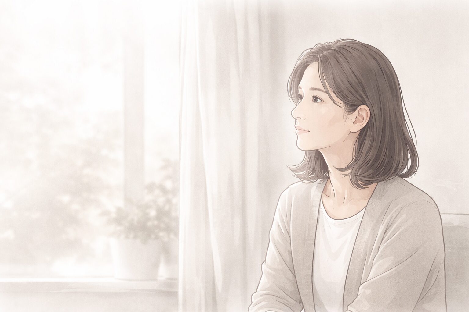母子登校に悩みながらも気持ちを整理し、窓の外を静かに見つめる40代女性のイラスト