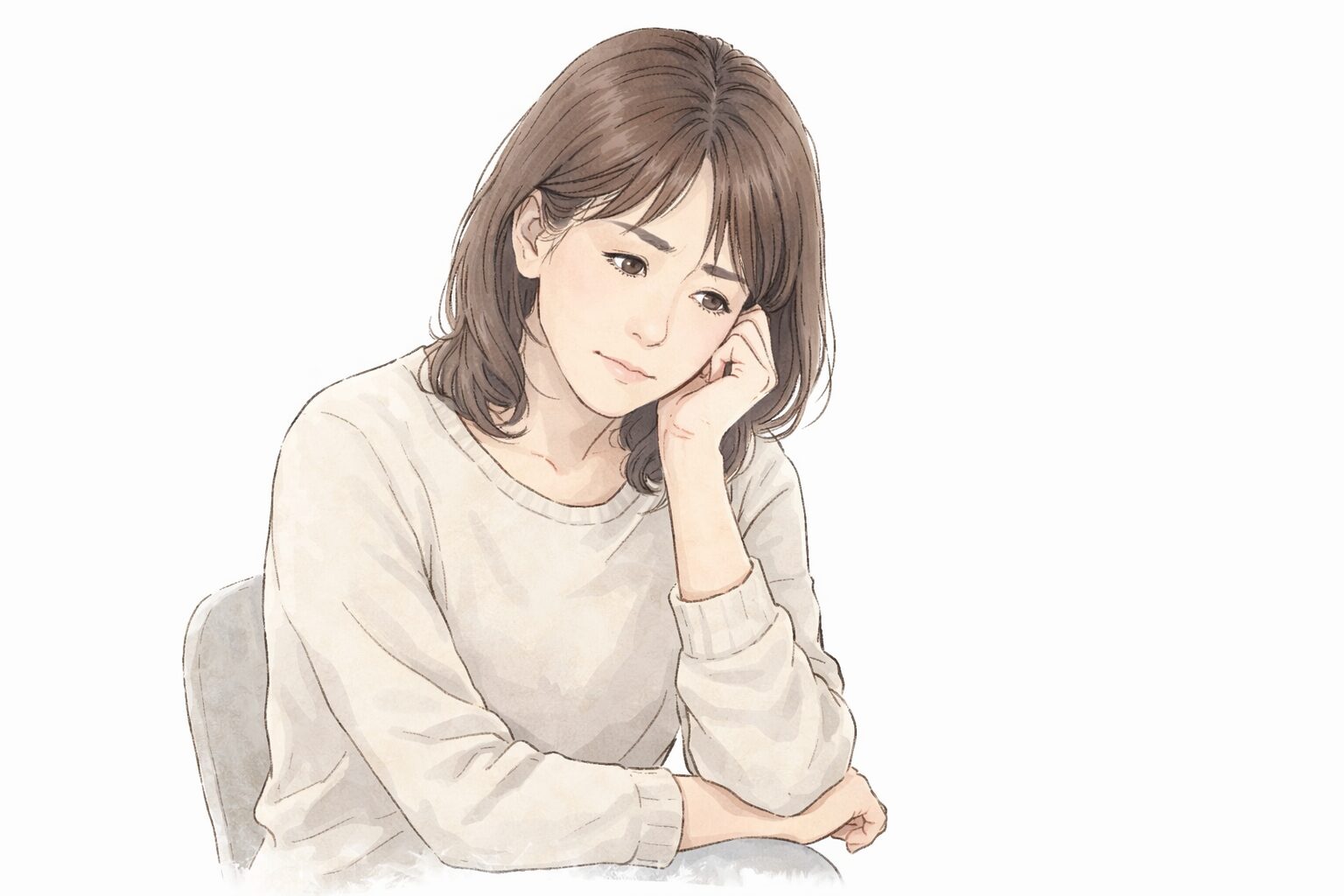 内縁関係が終わり、これからの生活について静かに考える53歳女性のイラスト