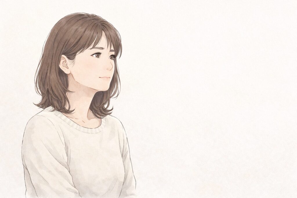 内縁関係の終わりを受け止め、これからの生活について静かに考える53歳女性のイラスト