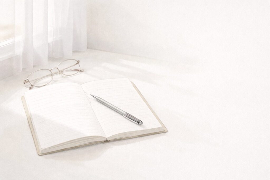 白を基調とした空間に置かれたノートとペンが、窓からのやわらかな光に照らされている情景イラスト