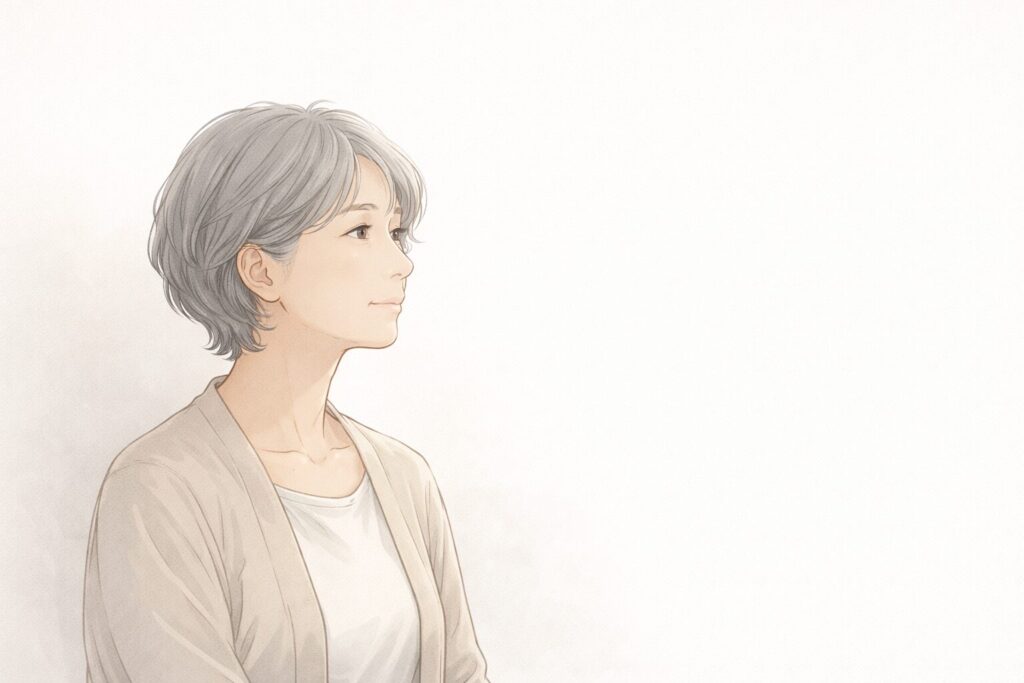 少し整理された気持ちで遠くを見つめる、落ち着いた表情の60代女性を描いた控えめなイラスト
