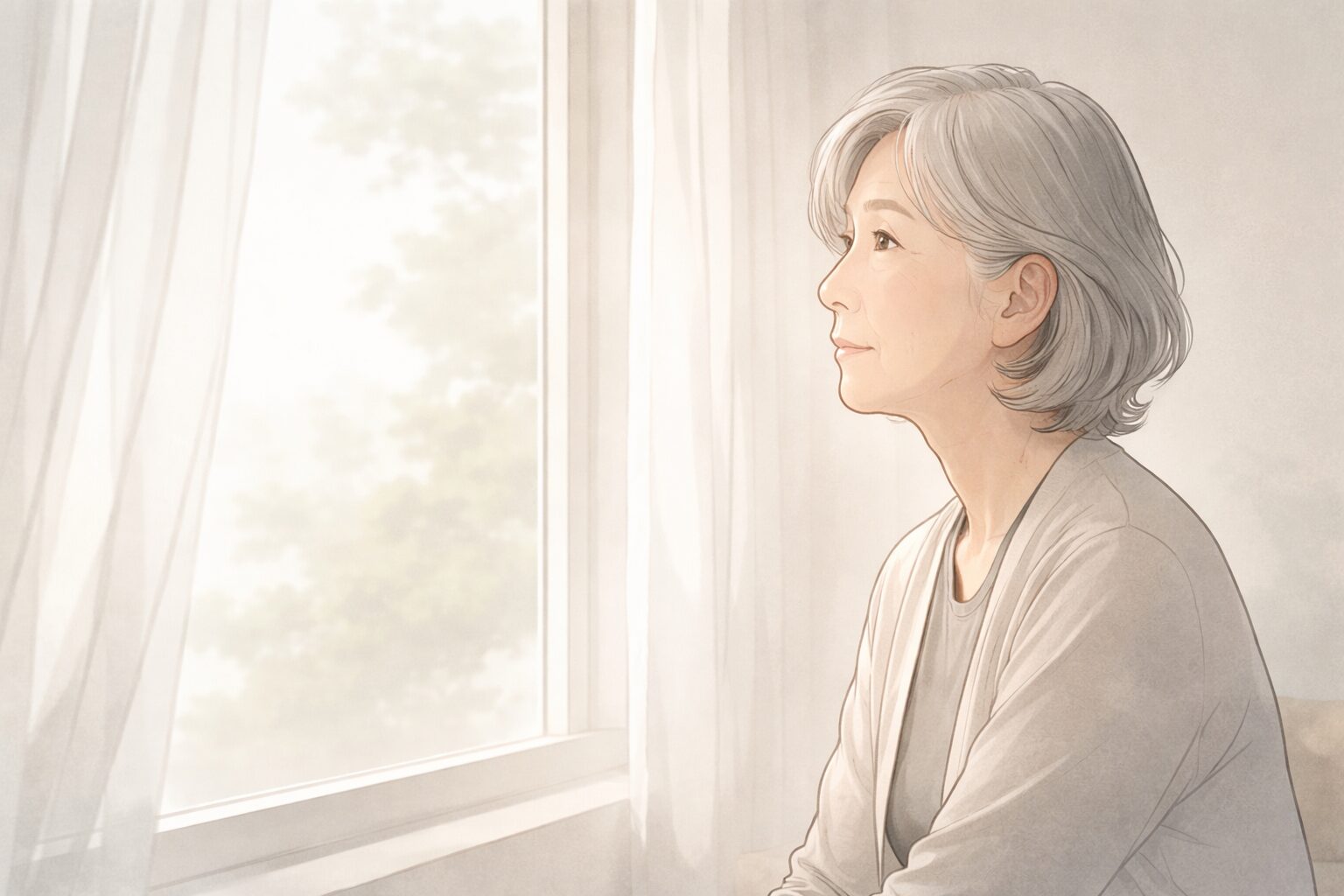 窓の外を静かに見つめながら、これからの老後について気持ちを整理しつつある70代女性の落ち着いた表情のイラスト