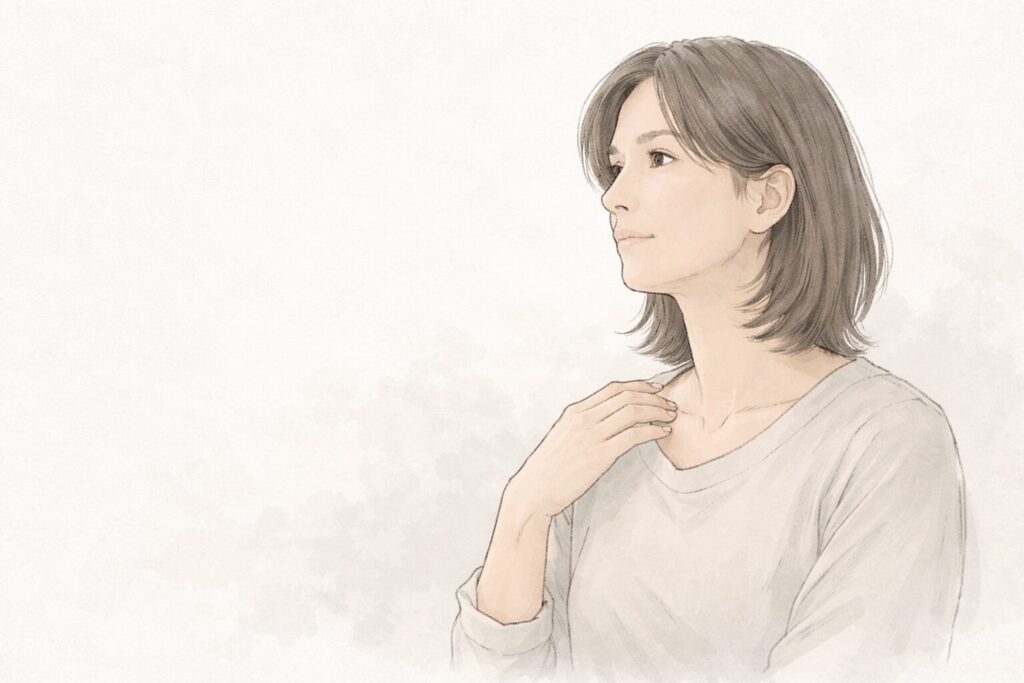 親との関係を振り返りながら、少し整理された気持ちで遠くを見つめる40代女性のイラスト