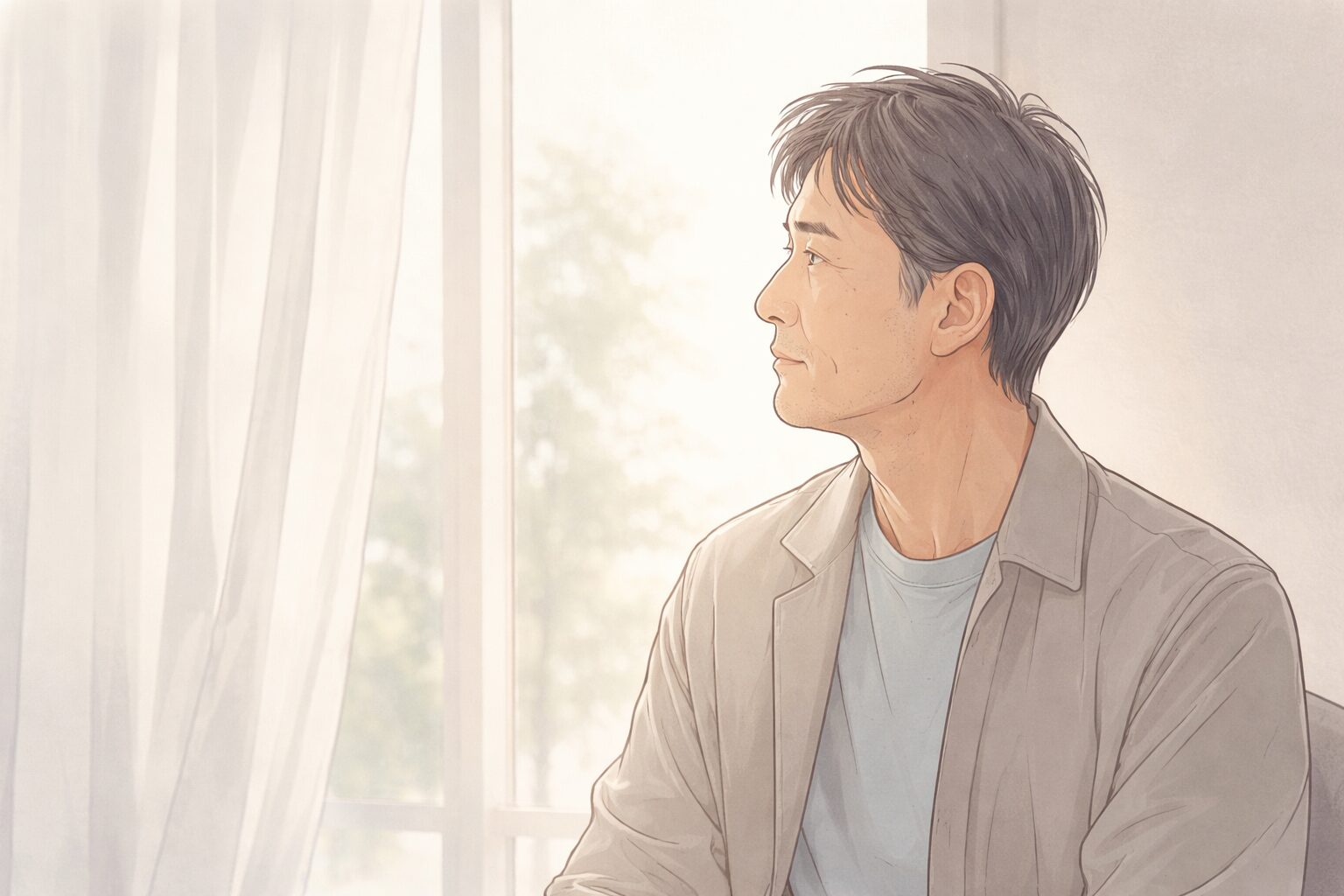 窓辺のやわらかな光の中で、少し気持ちが整理されつつある50代後半の男性が静かに外を見つめているイラスト