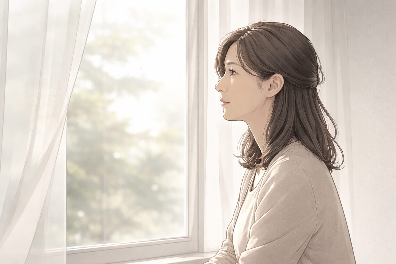 発達障害とギャンブル依存を抱える息子との関係に悩みながら、窓辺で静かに気持ちを整理する47歳女性の横顔イラスト