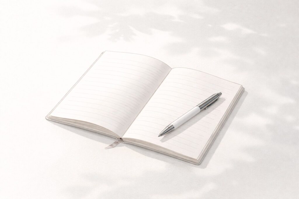 窓辺のやわらかな光に照らされたノートとペンの静かな情景イラスト