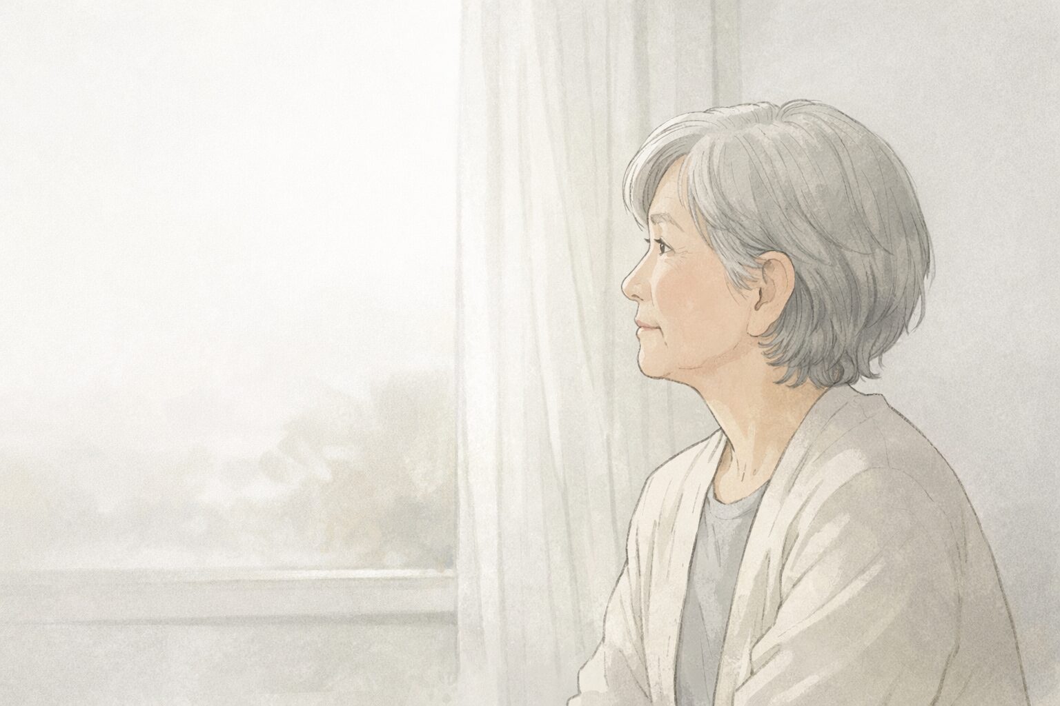 母の死を前に、窓の外を静かに見つめながら気持ちを整理しつつある70代女性のイラスト