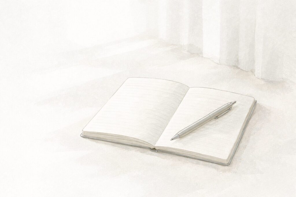 白い背景の中で、ノートとペンにやわらかな光が差し込み、静かな余白が広がる情景のイラスト