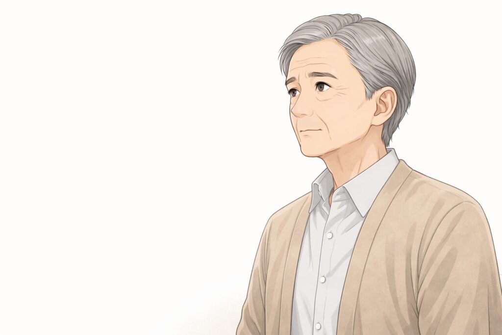 家族の問題について気持ちを整理しながら静かに前を見つめる70代男性のイラスト