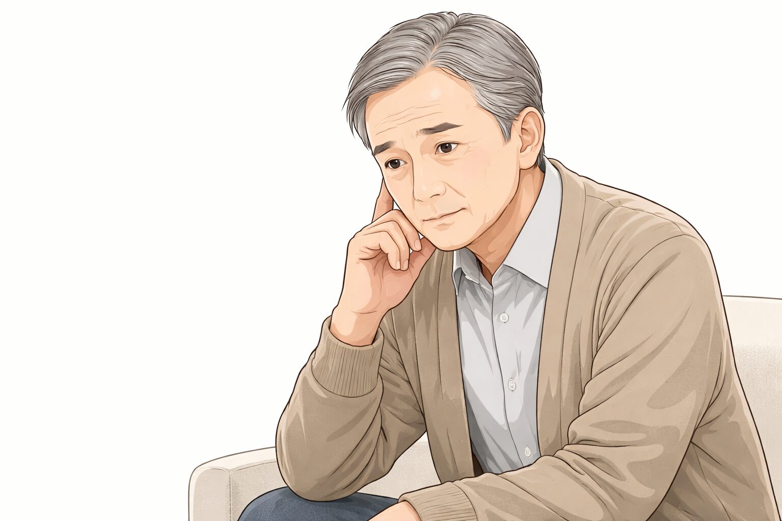 同居する息子の借金問題を前に、静かに考え込む70代男性のイラスト