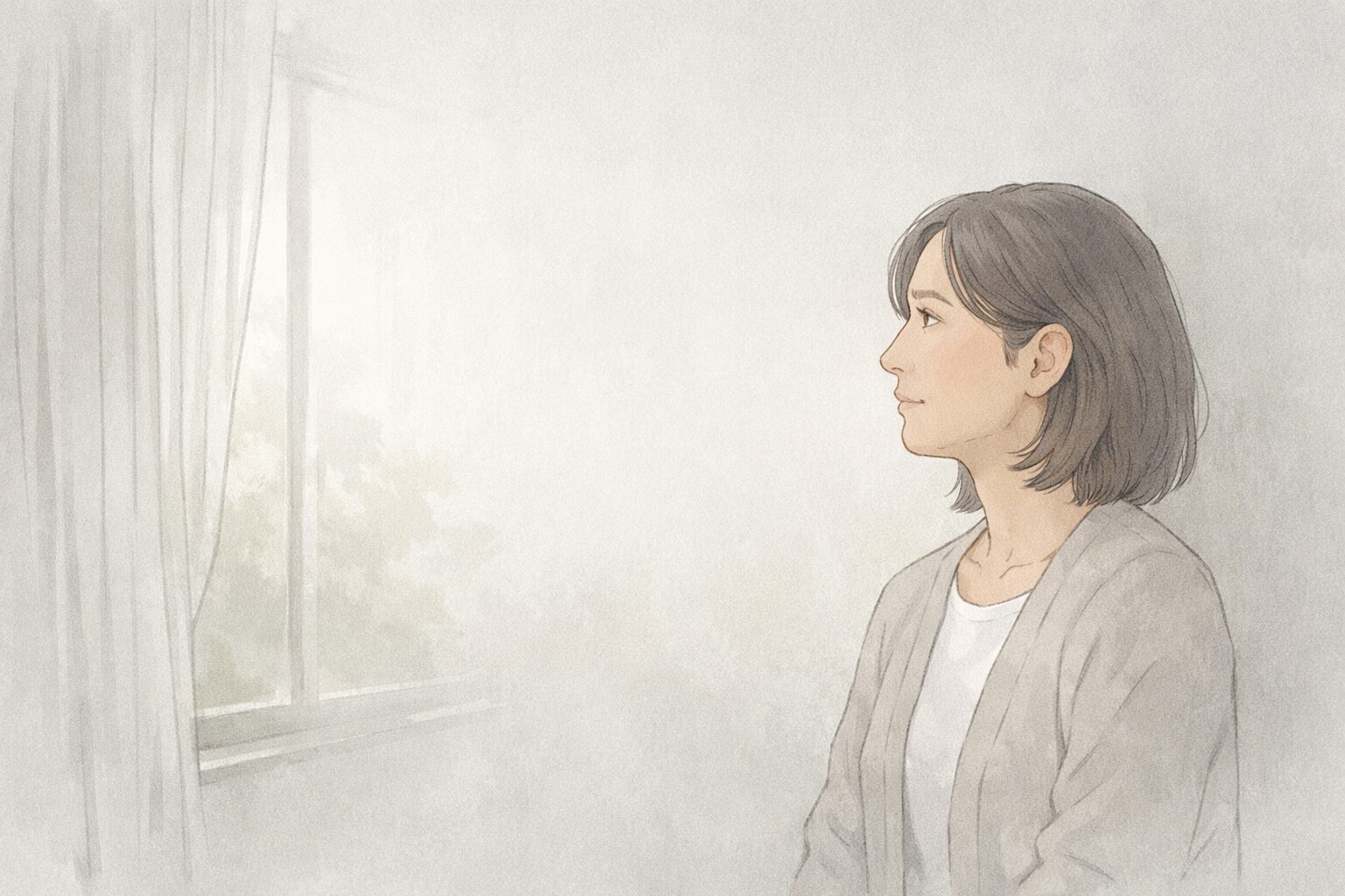 子離れに悩む50代女性が、窓の外を見つめながら気持ちを静かに整理している様子のイラスト
