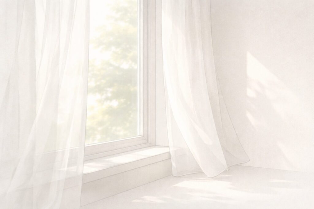 白を基調とした室内で、カーテン越しに差し込む柔らかな光が静かに広がるミニマルな情景イラスト