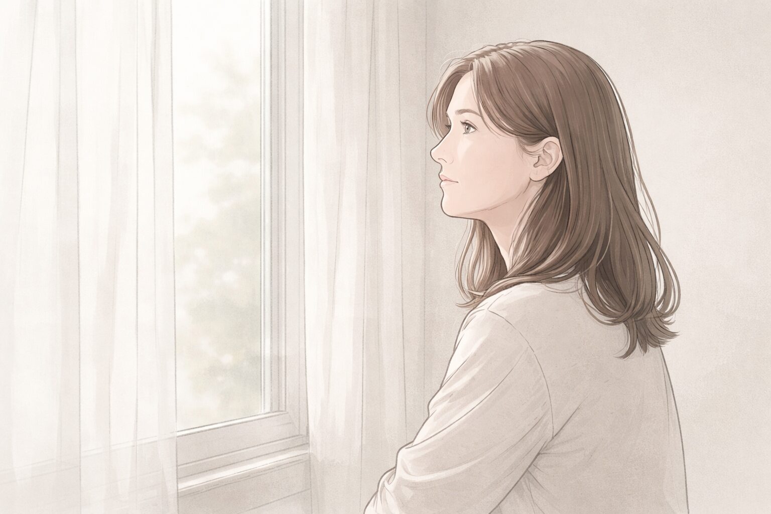 家庭内の問題に向き合いながら、静かに考えを整理しつつある40代女性の横顔を描いた落ち着いたイラスト