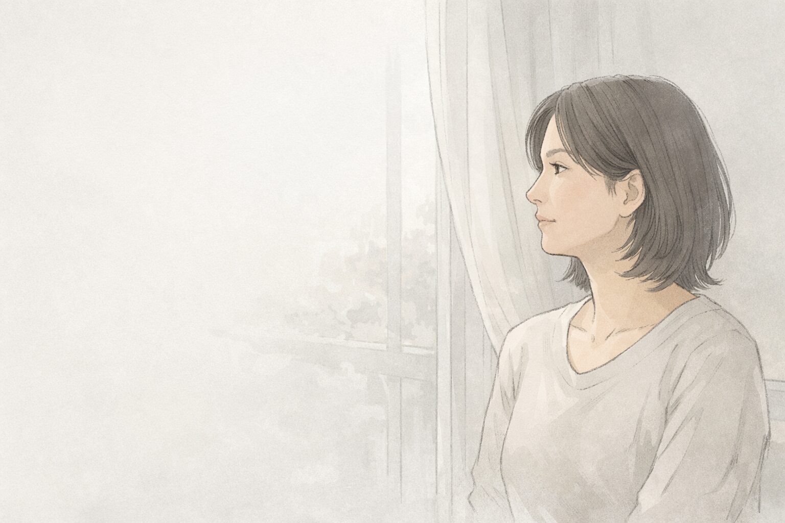 幼少期の家庭環境を振り返りながら、窓辺で静かに考えを整理する40代女性のイラスト